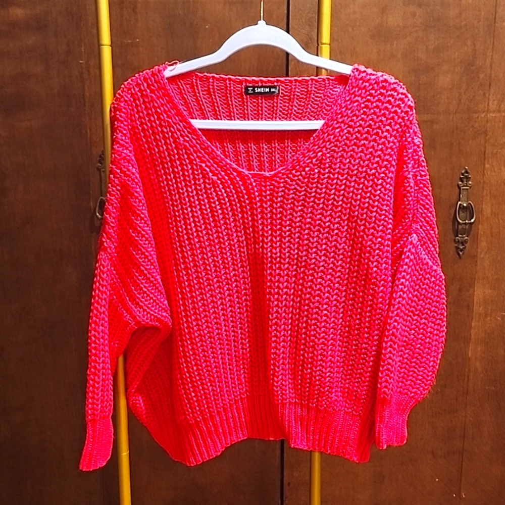 Hot pink knit drop shoulder sweater 3xl shein